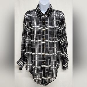 Speed Limit Mph 1X Sheer Collared Button Down Top Tie Waist Plaid